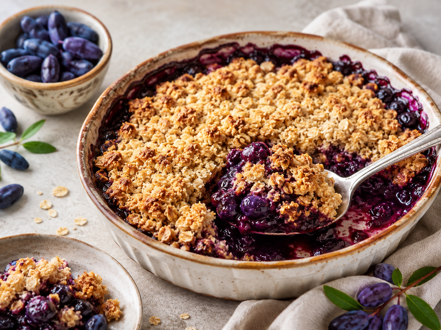 Comforting and generously fruity, this haskap berry crumble combines a melting, slightly tart filling with a golden, crispy oat-based crust. Simple to prepare, it can be enjoyed hot or cold, on its own or with a scoop of ice cream. A convivial dessert that deliciously highlights the unique flavor of the haskap berry.