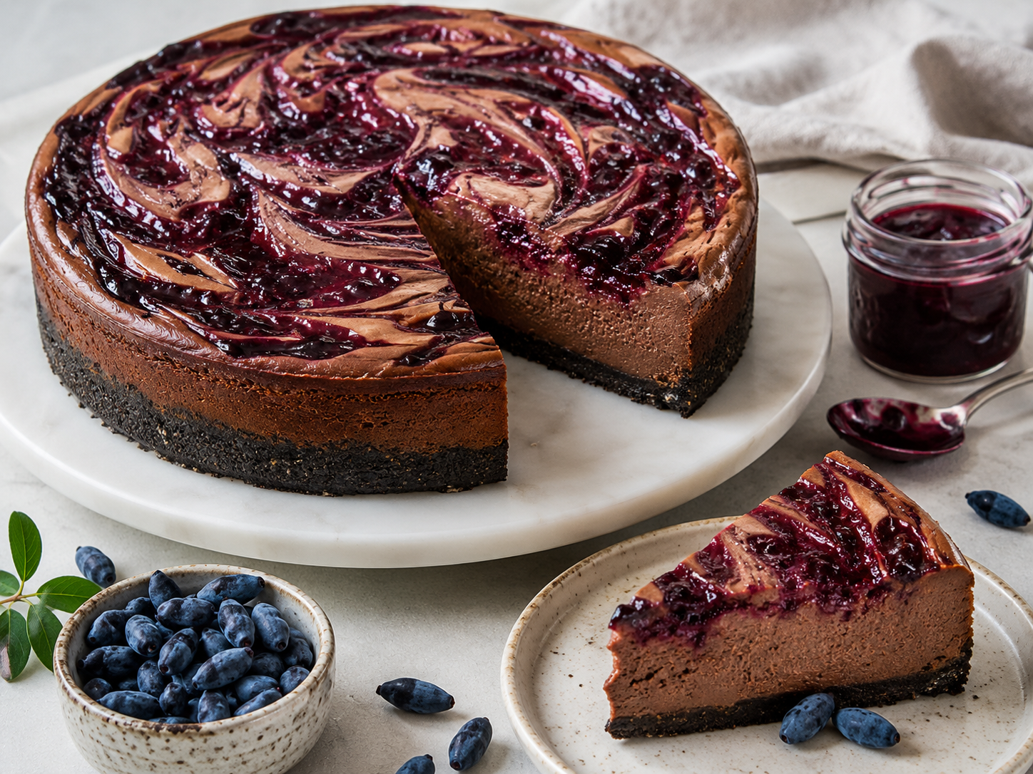 Rich, smooth, and intensely indulgent, this chocolate cheesecake marries the depth of cocoa with the fruity and slightly tangy flavor of haskaps. Its crunchy chocolate cookie crust contrasts perfectly with the creamy texture of the filling, while the haskap jam swirl adds an elegant and original touch. A generous dessert, ideal for special occasions.  