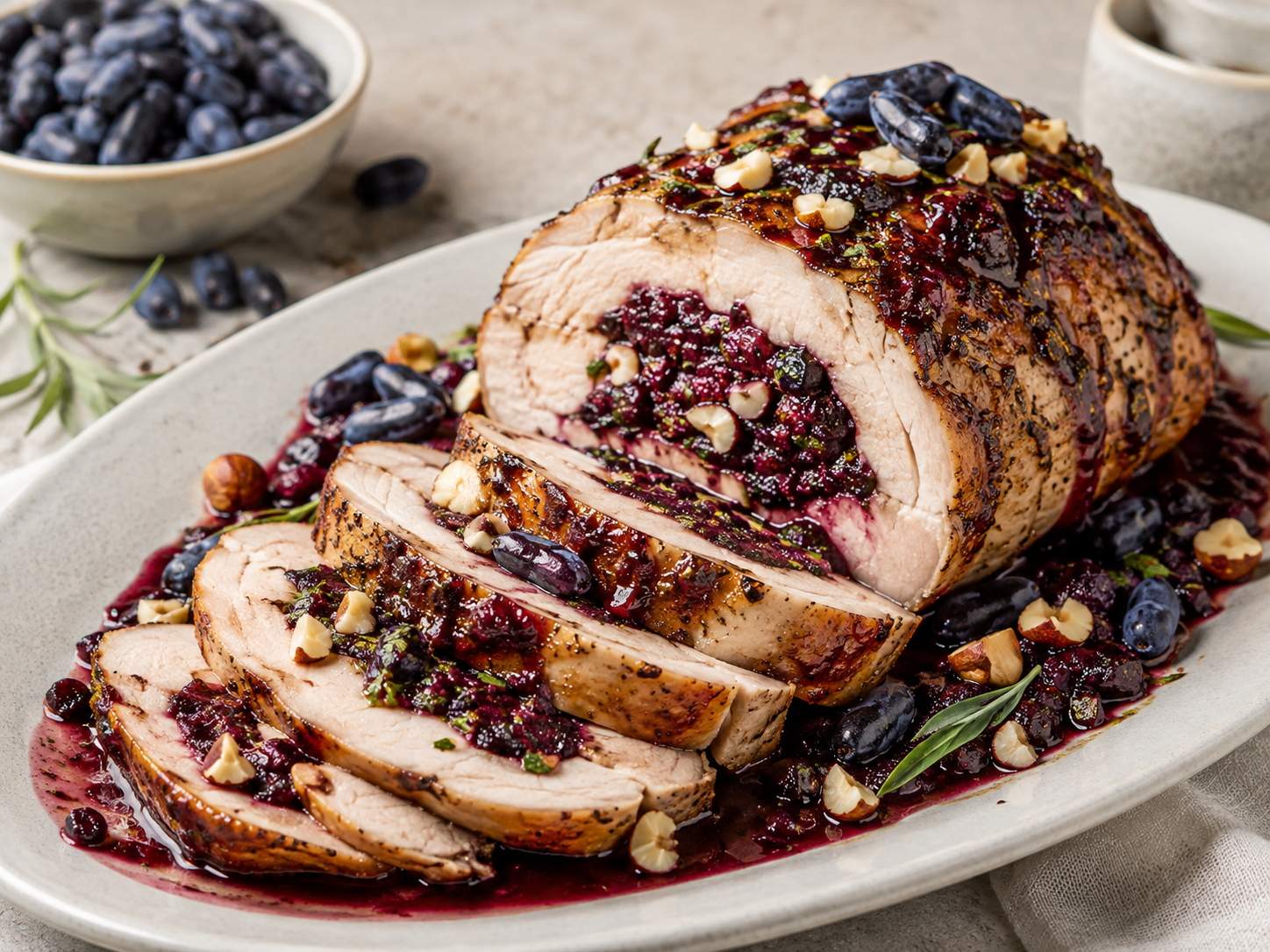 Tender, flavorful, and generously filled, this haskap pork roast perfectly combines the sweetness of honey, the crunch of hazelnuts, and the slightly tangy touch of the berries. Tarragon, cinnamon, and lemon add a beautiful aromatic complexity to the stuffing. An original and comforting dish, ideal for a family meal or a special occasion.  
