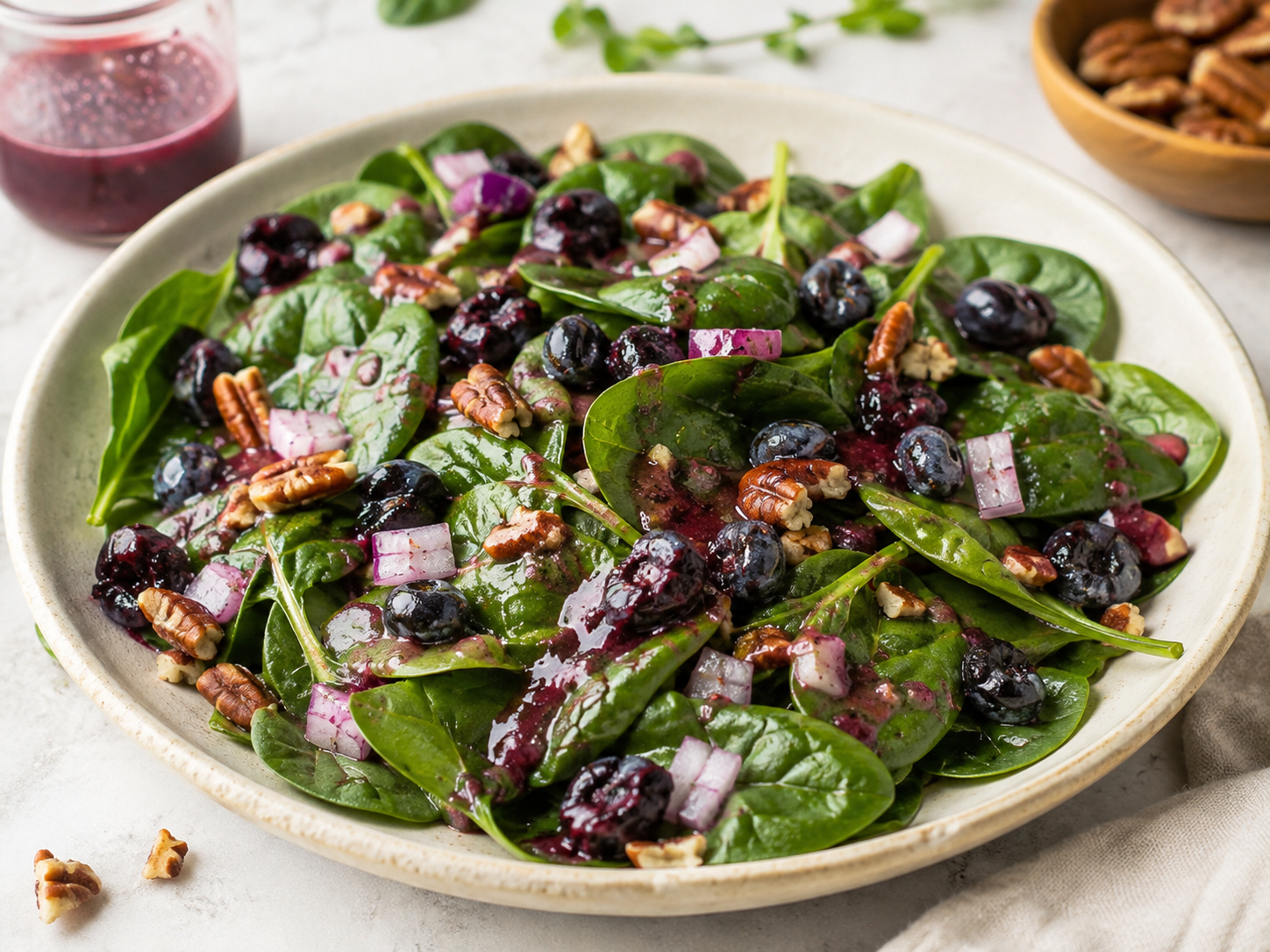 Fresh, colorful, and full of textures, this spinach salad with haskap berry combines the tenderness of baby greens with the crunch of pecans and the subtle intensity of red onion. The fruity haskap berry dressing, enhanced with apple cider vinegar and Dijon mustard, adds a tangy and original touch. A simple, flavorful salad that's perfect as a side dish or light meal.  