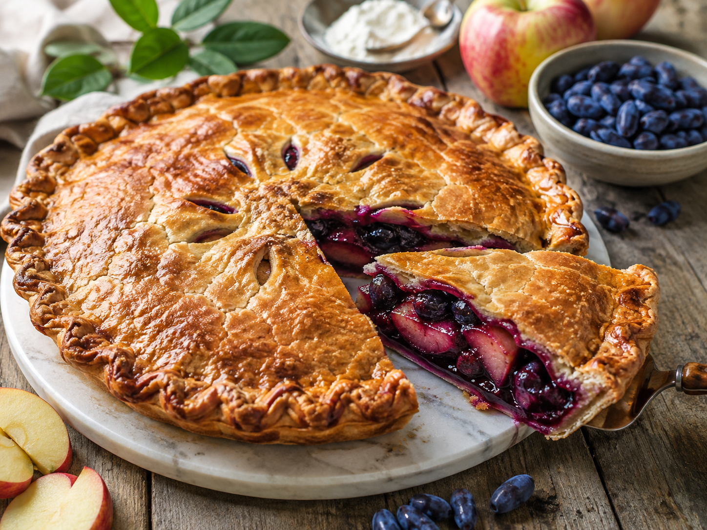 Hearty, fruity, and comforting, this apple and haskap pie combines the sweetness of apples with the slightly tangy flavor of haskaps. Enhanced with a touch of cinnamon and nutmeg, then wrapped in a golden, crispy crust, it offers a beautiful balance of flavors.  A revisited classic dessert that can be enjoyed warm or cold.