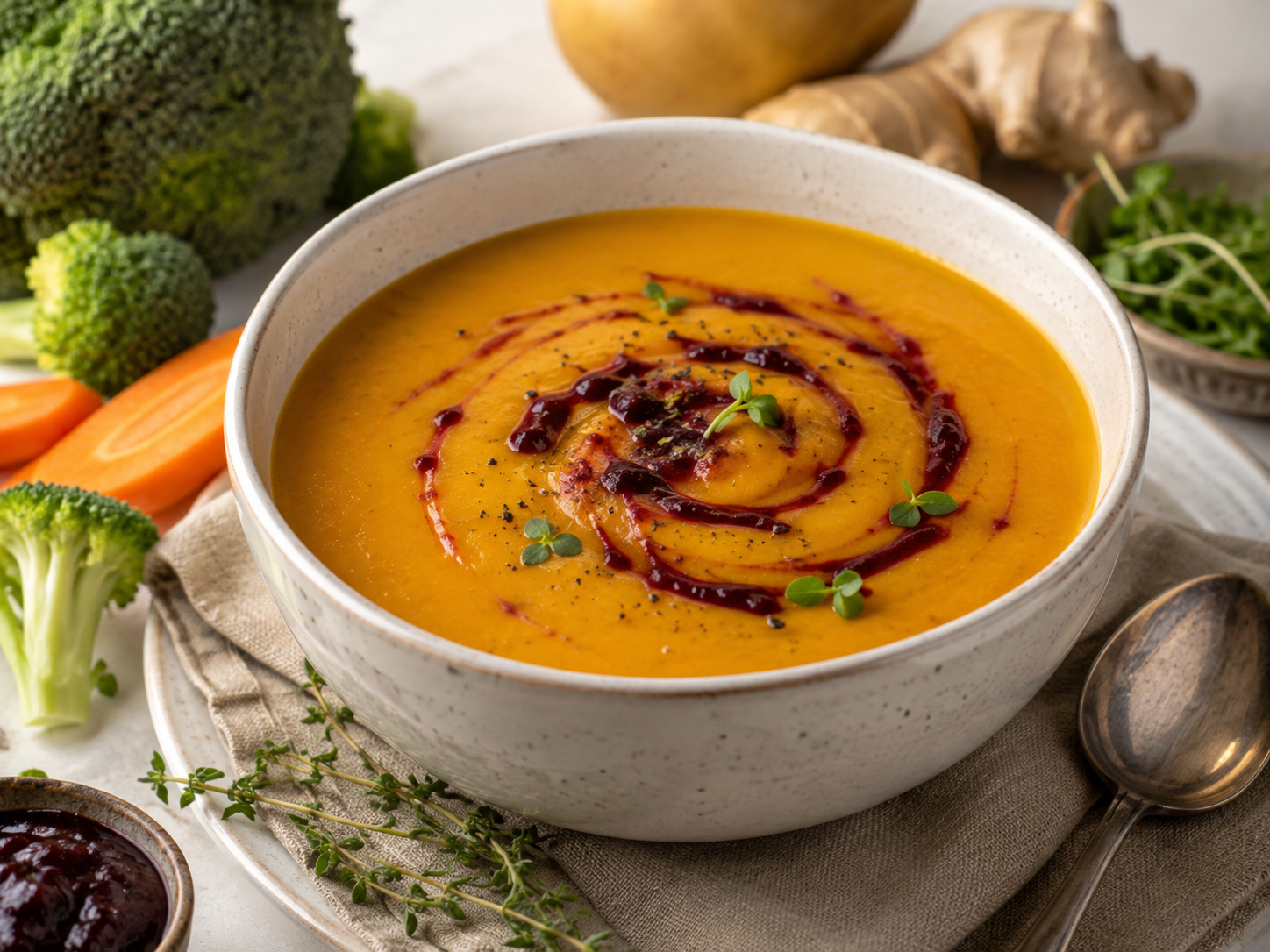 Smooth, comforting, and delicately fragrant, this camerise velouté combines the sweetness of vegetables with the warmth of turmeric, ginger, and spices. The camerise spread adds a fruity and slightly tangy touch that gives this soup an original and balanced flavor. A nourishing, colorful recipe perfect for cooler days.