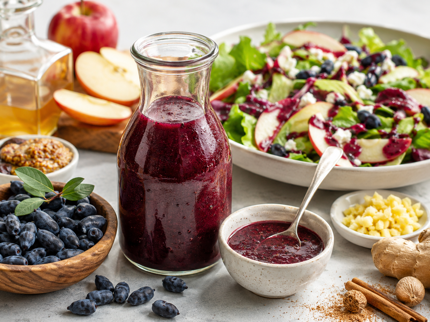 Fruity, slightly tangy, and delicately spiced, this summer haskap vinaigrette adds an original touch to your salads. Ginger, Dijon mustard, cinnamon, and nutmeg enhance the unique flavor of the haskap, while the cider vinegar provides a pleasant freshness. A smooth and colorful vinaigrette, perfect for pairing with greens, apples, nuts, and cheeses.