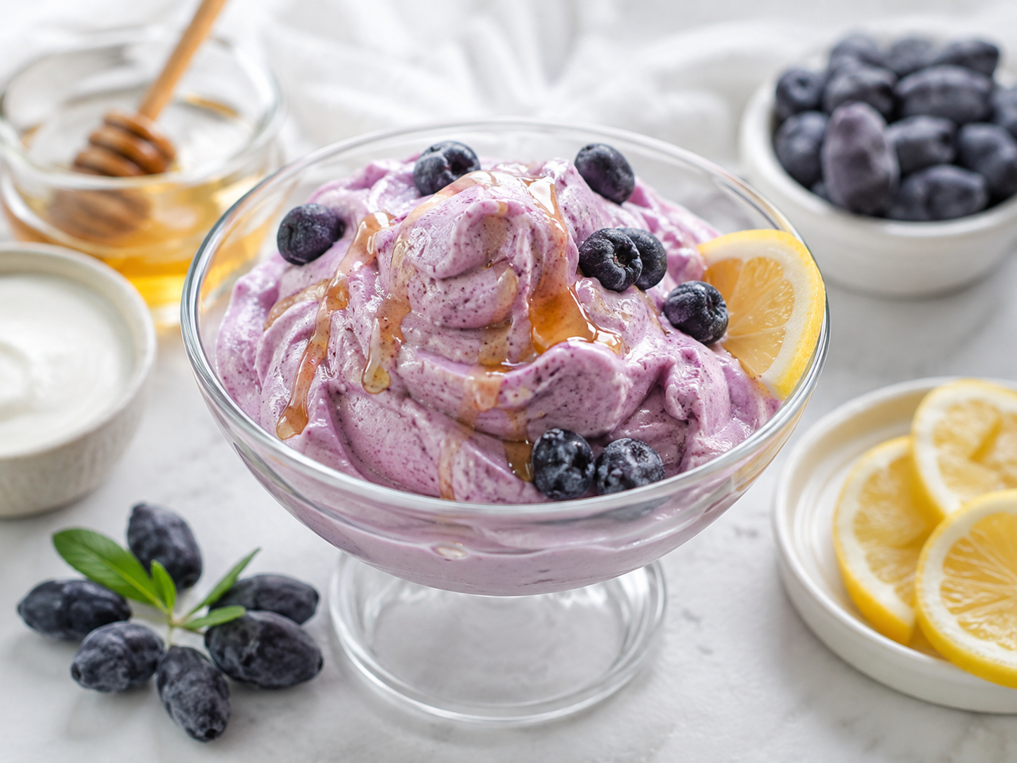 Creamy, fruity, and refreshing, this haskap frozen yogurt is a simple way to enjoy a homemade dessert. Honey naturally sweetens the slightly tangy flavor of the haskaps, while lemon adds a touch of freshness. Ready in minutes, it can be enjoyed immediately or kept in the freezer for a frozen snack.  